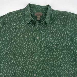 Generra Mens XL Silk Button Up Shirt Green Abstract Stick Figure Print Short Slv